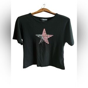 IN Focus Black American Flag Sequin Star Short Sleeve Top Patriotic Tee Shirt